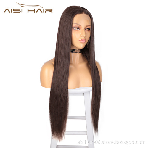 Aisi Hair 26 Inch Silky Straight Wave Brown Wig Wholesale Swiss Lace Wig Synthetic Hair Lace Frontal Wigs For Black Women